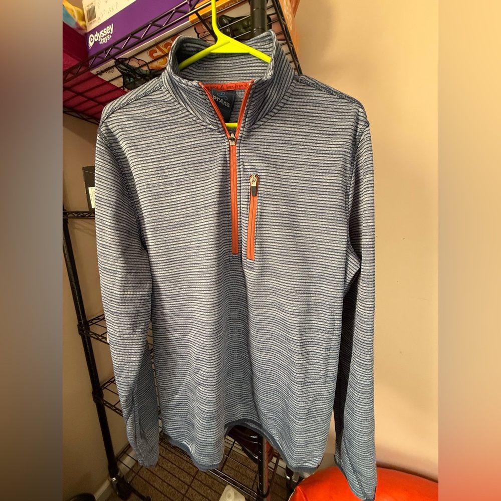 Prana Men's Gatten Striped lightweight fleece 1/4 zip - Navy and Orange Large - Picture 1 of 3